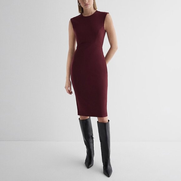Express Crew Neck Cap Sleeve Back Zipper Midi Sheath Dress in Wine | 00 - Picture 1 of 7